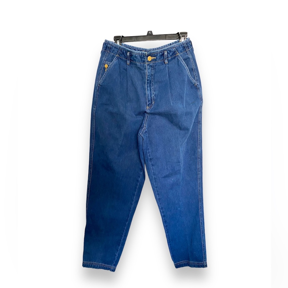 Baggy Pleated Women Jeans  14P  Y2k Tapered Denim Jean Mom Jean Medium Blue